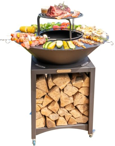 Mon Mobilier Design Fiesta Brasero Haut avec Plaque et Grille Amovible en Acier Barbecue plancha extérieur Ø 75 cm