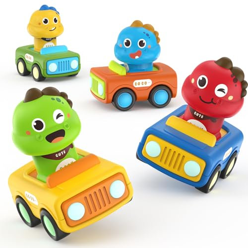 MOONTOY Spielzeugautos ab 1 2 3 Jahr Jungen, 4 Stück Auto Spielzeug ab 1 Jahr, Press and Go Autos Baby Dinosaurier Rennautos für Kleinkinder 10 12 18 Monate, Auto Spielzeug Geschenke zum 1 Geburtstag