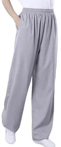 Cotton and Linen Tai Chi Pants for Men Women Training Elastic Belt Kung Fu Trousers Martial Arts Bottoms (Grey, S)