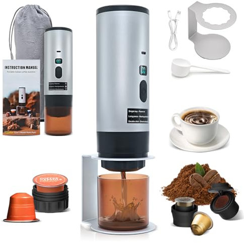 RoserRose Caffettiera Portatile, Macchina per Caffè Viaggio - Senza Fili & Auto-Riscaldante - Con Batteria 7800mAh, 15 Bar di Pressione - Compatibile con NS/DG/Caffè Macinato (Grigio)