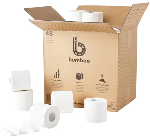 Bumboo Bamboo Toilet Roll 48 Pack | Toilet Paper 3 ply, 300 Sheets | Bulk Toilet Rolls | Plastic-Free, Soft, Strong, Sustainable & Biodegradable Loo Roll