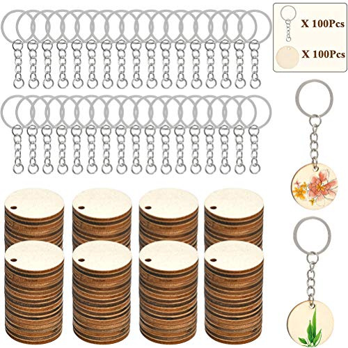 FOCCTS Discos de madera de 100 piezas artesanales con agujero Discos de árbol para bricolaje pintura DIY virutas de madera con llavero combinación