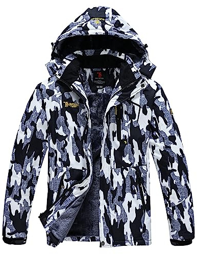 YSENTO Chaqueta de esquí para hombre, impermeable, forro cálido, chaqueta funcional para exterior, con capucha extraíble, camuflaje, XL