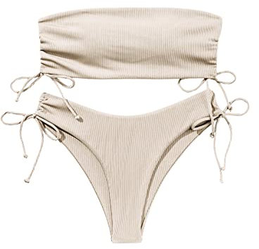 GORGLITTER Bandeau Bikini Damen Set Bikini High Waist Trägerlos Bikini Mit Kordelzug Bikini Set Einfarbig Zweiteiler Badeanzug Bademode Swimsuit Aprikosenfarben M