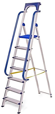 Escalera 7 peldaños Secure Pro, Aluminio Reforzado, Segura con barandillas, Bandeja portaherramientas, Altura Plataforma 158 cm, Carga 150 kg, Hostrom