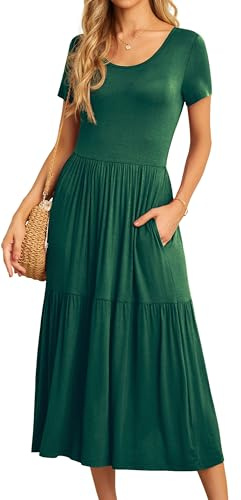 GRECERELLE Womens Summer Maxi Dress Casual Short Sleeve Crew Neck Swing Flowy Tiered Party Dresses with Pockets for Weddings, Holidays