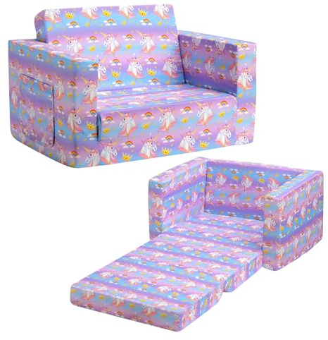BEJOY Divano letto 2 in 1 per bambini convertibile in letto supplementare, regalo di compleanno per bambini e bambine con simpatici unicorni