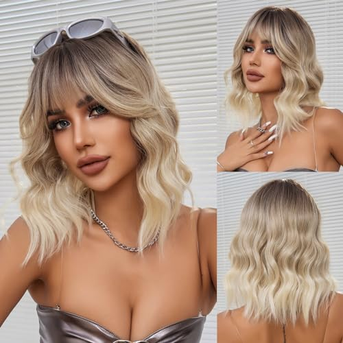 OUFEI Parrucca Biondo Ombre con Frangia Parrucche Ricce per le Donne Parrucche Corte Ondulate Parrucche Capelli Sintetici Resistenti al Calore per Usura Quotidiana Partito Cosplay