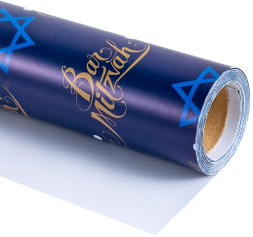 RUSPEPA Omslagspapper rulle – minirulle – blå Davidsstjärna design perfekt för bar Mitzvah, fest och semester – 43,2 cm x 10 m