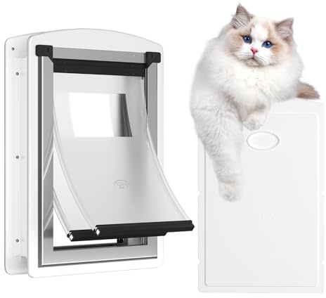 [MAVRICTECH] Cat Door for Door - Cat Door for Exterior & Interior Doors, Steel Frame, Magnetic Double Flaps, 2 Sliding Locks, Weather-Resistant, Fits Cats Up to 15LBS, White