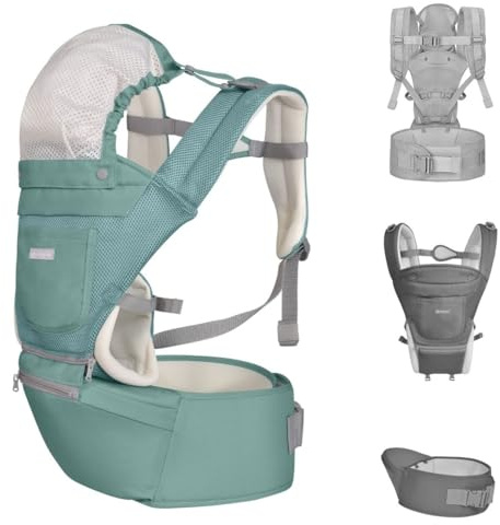 Kikkaboo Portabebés Chloe 3 en 1 de vientre y espalda asiento de cadera, color:verde gris