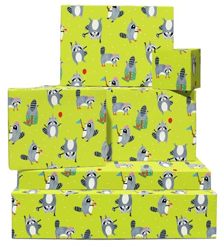 Papel de regalo de mapache para cumpleaños - 6 hojas de papel de regalo ecológico - Mapaches de fiesta - Papel de regalo verde para hombre mujer niña - Viene con pegatinas - Por Central 23