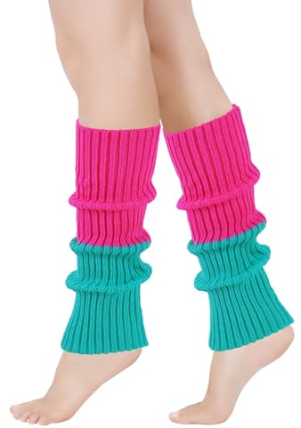 GoGou Leg Warmers for Women, Thermal Pink Blue Leg Warmer, Chunky Cable Knitted Leg Warmers, Stylish Accessories for 80's Fancy Party Ballet Skating Ice Dancing(Leg Warmers Blue Pink