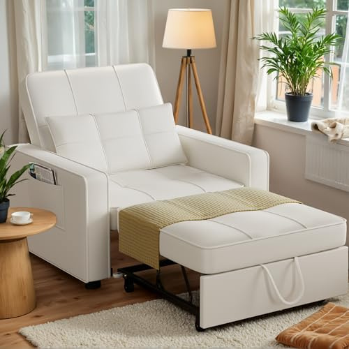 JUMMICO Sleeper Chair, 3-in-1 Convertible Sleeper Sofa Bed for Adults, Linen Fabric Pull Out Chair Bed with Adjustable Backrest, Couches for Living Room, Apartment, Office, Small Space (Beige)
