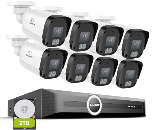 SANNCE Kit de cámaras de vigilancia PoE 5MP 8CH NVR + 8 * cámaras Resistentes al Agua 5MP con Disco Duro de 2TB, Leds IR Inteligentes, detección de Movimiento, visión Nocturna de hasta 30 Metros