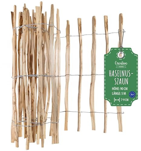 Creative Home Staketenzaun 90cm hoch und 5m lang | Haselnusszaun | Rollzaun | Lattenabstand 7-9 cm | Gartenzaun Holz Holzzaun | Zaun Garten Ideal als Rasenkante Blumenbeet Umrandung aus Haselnuss
