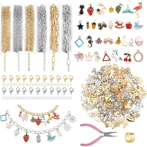 Acidea Ketting för att göra smycken, mässingskabelkedjor med 398 stycken beslag, öppen fjädring, hummerklämma, KC guld-silverslutningar, smyckesset för män och kvinnor, kedja