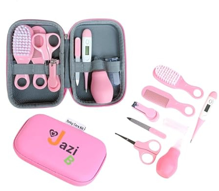 Baby Care 8-in-1 Newborn Grooming Kit, Blue,Yallow,Pink Travel Case with Nail Clippers, Hair Brush, Comb, Thermometer & More for Infants and Toddlers Girls & Boys Manicure Pedicure Set (Pink)