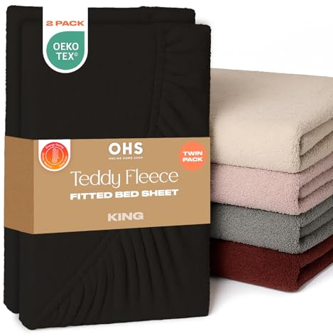 Brentfords 2 Pack Teddy Fleece Fitted Sheet, Soft Warm Thermal Teddy Bear Bedding King Size Deep Pocket 25cm Fade Resistant Cuddly Cosy Fluffy 2 Pack Fitted Sheets King, Black
