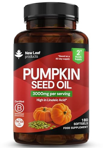Pumpkin Seed Oil Capsules, 3000mg, 50% Linoleic Acid, 180 Softgels New Leaf | Omega 6-Pumpkin Seed Oil for Hair Growth 100% Cold Pressed, 1500mg Linoleic Acid, UK Made, Certified B Corp