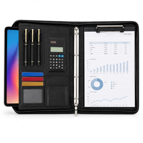 EVERGOODS Leather Portfolio Folder A4, Vegan Leather 4-Ring Conference Folder Includes and Pen Multi-Pocket Travel Document Holder Folder Organiser Office Supplies
