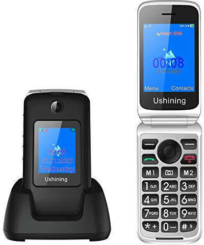 Klapphandy ohne Vertrag, Ukuu 3G Seniorenhandy mit Großen Tasten 2,8+1,8 Dual Display 1200mAh Akku Lange Standby-Zeit Mobiltelefon mit Ladestation FM Radio für Senioren - Schwarz