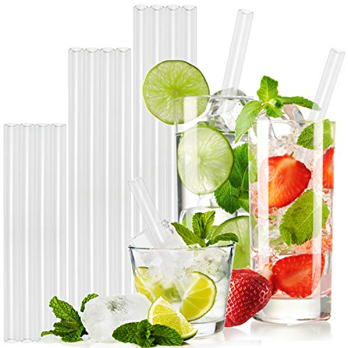 T&N Glas Strohhalm 12er Set - 15/20/23 cm Länge - Trinkhalme Glas + 2 Bürsten - Strohhalm wiederverwendbar Glas - umweltfreundlich BPA frei – Smoothie Cocktail-Strohhalme Glasstrohalme
