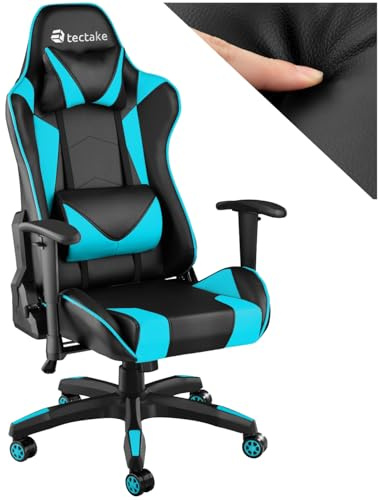 tectake® Gaming Stuhl, Bürostuhl ergonomisch, Computerstuhl mit hoher Rückenlehne, Gaming Sessel, PC Stuhl, inkl. Lordosenstütze und Nackenkissen, Racing Stil - schwarz/Azur