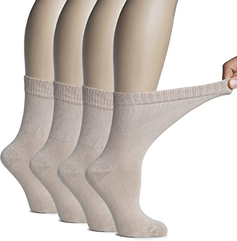 Hugh Ugoli Calcetines Media Caña Mujer Diabéticas de Bambú, 4 Pares, Súper Suaves, Finos y Transpirables, Holgados para Tobillos Hinchados, Cintura Sin Presión y Punta Sin Costura, Beige claro, 36-39
