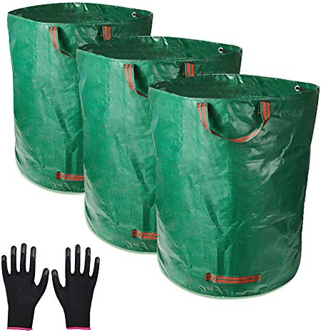 Sacs de Jardin,3x300L Sacs à Déchets de Jardin Résistants,étanche Heavy Duty Grande Sacs avec Poignées,Pliable et Réutilisable，Comprend une paire de gants de protection