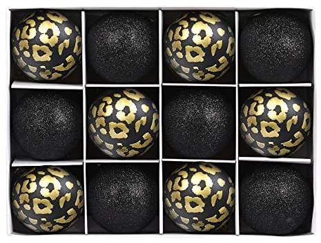 Emopeak Weihnachtskugeln, bruchsicher, edel, schwarz, Geschenk-Set mit Leopardenmuster und Glitzer, Weihnachtskugel-Ornamente, dekorativ