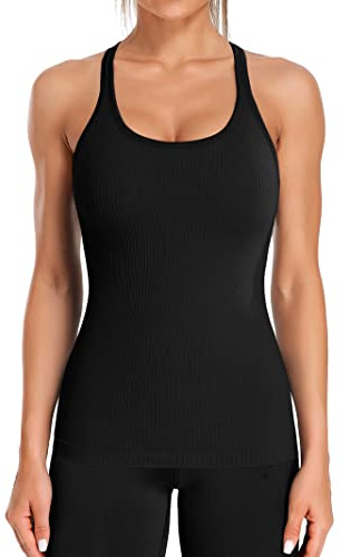 ATTRACO Black Workout Tops for Women Built in Bra Tank Tops Racer Back Yoga Tops Slim Fit