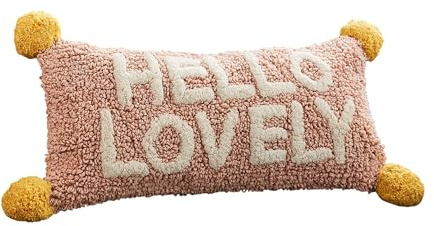 KENSINGTONS LUXURY BEDDING Tufted “Hello Lovely” Cushion with Pom Poms – Pink Decorative Rectangle Throw Pillow for Sofa, Bed & Home Decor – Polyester Filled Embroidered Cushion – 30x50cm (Pack of 1)