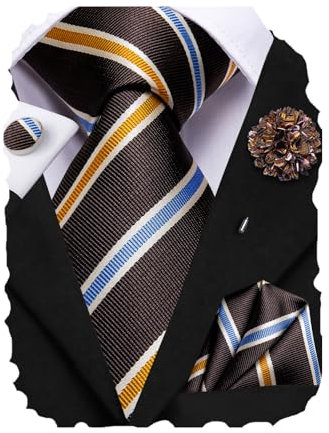 Hi-Tie Brown Yellow Ties for Men Silk Stripe Mens Ties and Flower Lapel Pin Pocket Square Set Classic Business Necktie