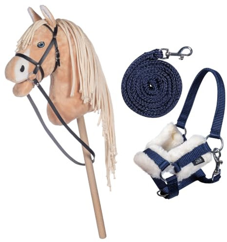 HKM Kids Hobby Horse, Palomino, Beige, mit Halfter und Führstrick in Dunkelblau, Steckenpferd für Kinder, Pferde Spielzeug