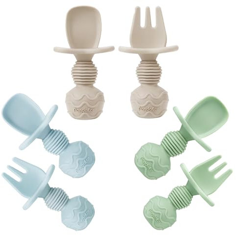 PandaEar 6 Pack Silicon Babylöffel und Gabel Fütterung Set-Gegenkokals Erstes selbstfüttere Utensilien für Baby-LED-Absetzerhäuser im Alter von 3 Monaten (Blaugrüne Bräune)