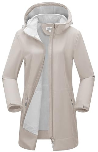 Outdoor Ventures Women's Softshell Long Jacket with Hood Fleece Lined Windproof Jacket for Women Waterproof Windbreaker Khaki M