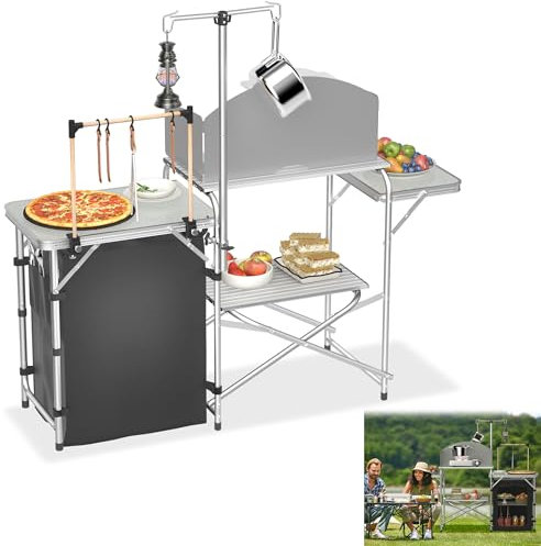 QEENTOE Klappbarer Campingküche Camping-Küchentisch Outdoor Küche mit Abnehmbarer Windschutzscheibe, Verstellbarer Lampenhalter, 3 Arbeitsflächen Reiseküche tragbar für Picknick Camping