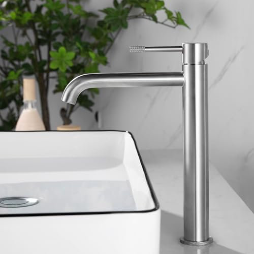 PHASAT Robinet Salle de Bain Haut Mitigeur Lavabo Haut Vasque à Poser, Mitigeur Monocommande Lavabo en Acier Inoxydable, Nickel brossé PTMP23L