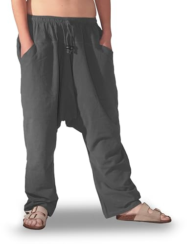 SAVARI - Pantalón Harem Tailandés, Pantalones Bombachos Hombre Mujer con Bolsillos Sin Puños 100% Algodón. Cintura Elástica y Cordones Talla Única Ideal Taichi, Premamá, Yoga. (Gris)