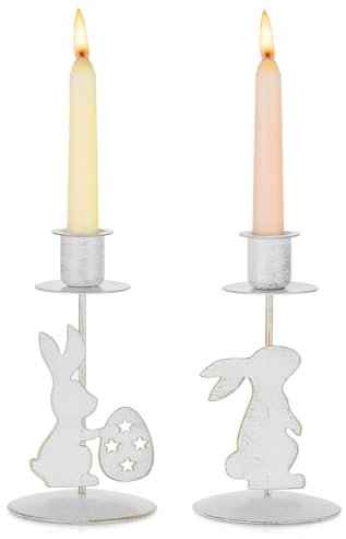 Sziqiqi Kerzenhalter Stabkerzen für Ostern Tischdeko: Hase und Ostereier Kerzenständer Osterdeko für Stabkerze - Weiß Stabkerzenhalter Vintage für Ostern Party Frühling Deko