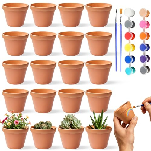 Celepoir 5x5,5 cm Pot Terre Cuite, 20 Pièces Petit Pot de Fleur Terre Cuite avec Peinture & Pinceau, Multipack Mini Pots de Fleur avec Trou de Drainage, pour Cactus, DIY, Cadeaux, Noël, Fête Décor