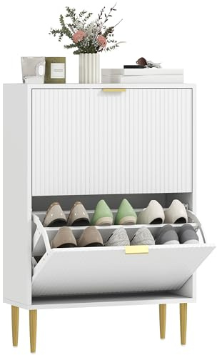 HOMCOM Narrow Shoe Cabinet with 2 Flip Drawers, Modern Slim Shoe Storage Cabinet with Fluted Doors and Adjustable Shelves for Hallway, Holds 6-12 Pairs, White