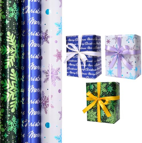 3 rollos de papel de regalo navideño, 43 cm x 3 m, brillante, con estampado de copos de nieve y Feliz Navidad para Navidad, cumpleaños, festivales, fiestas y decoración.