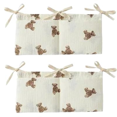 2Pcs White Bedside Hanging Bags Milk Bottle Bib-Storage Crib Organizer Baby Nappy-Dormitory Bed-Bunk Organizing Bag Nappy- Organizer, Little Bear Nursery Hanging Organizers