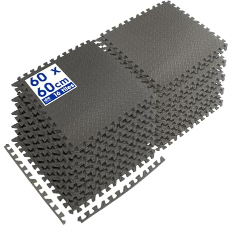 Harbour Housewares Gym Flooring Mats - 60 x 60cm - Pack of 16 Large Black Heavy Duty EVA Non-Slip Rubber Matting Floor Tiles for Exercise, Home, Garage, Pool, Treadmill, Workout Equipment