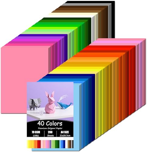 200 fogli di carta origami, 40 colori, carta colorata A4, 70 g/m², carta double face, per origami fai da te e progetti fai da te