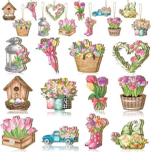 Pendente Primavera in Legno 24 Pezzi Decorazioni primavera Albero da Appendere Ornamenti rimaverili legno Ciondoli Decorazioni Primaver Pendente in Legn per Feste Pasquali e Primaverili (E)