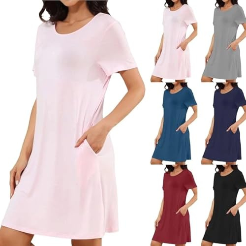 PTSIXAQ Camisón de manga corta para mujer, vestido de verano con bolsillos, cómodo, suelto, básico, vestido de casa, lounge informal, ligero, cuello redondo