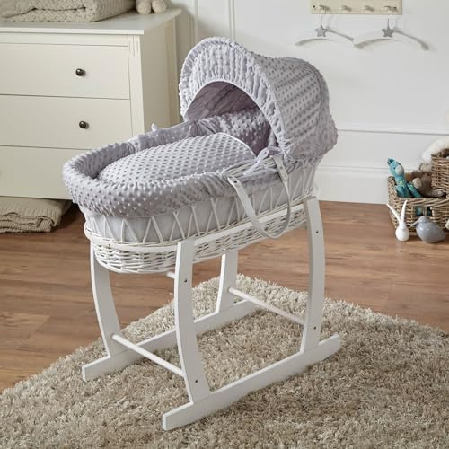 For Your Little One Grey Dimple White Wicker Moses Basket with White Rocking Stand